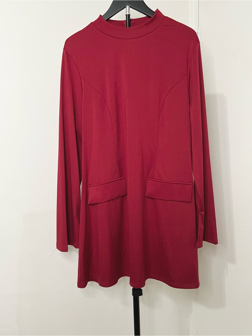 Red Long Sleeve Mock Neck Shift Dress Pocket Detail Mini Dress